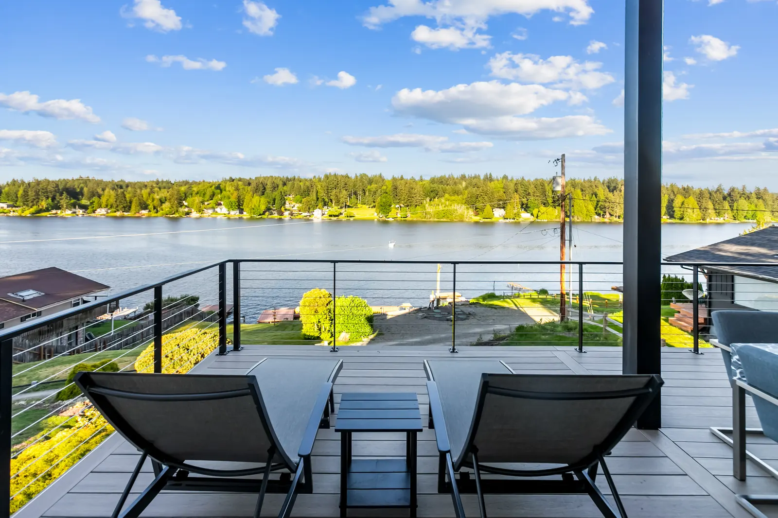 Upper deck lounge chairs with lake view